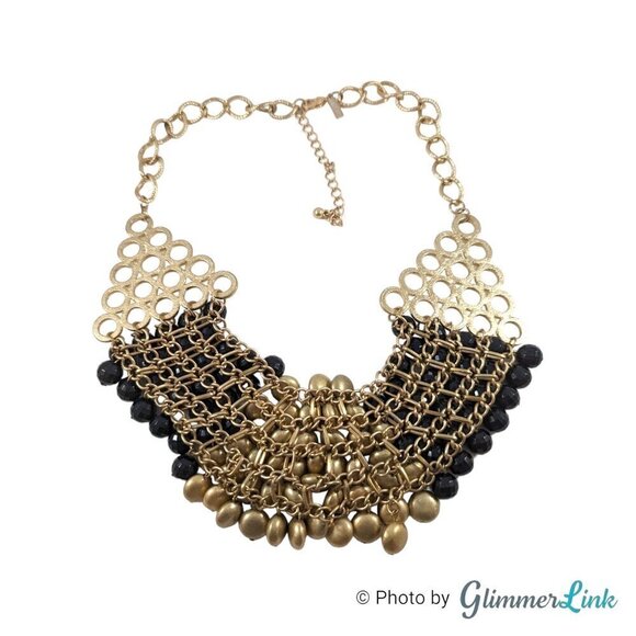 Black & Gold Tone Beaded Mesh Bib Statement Necklace - Picture 6 of 8